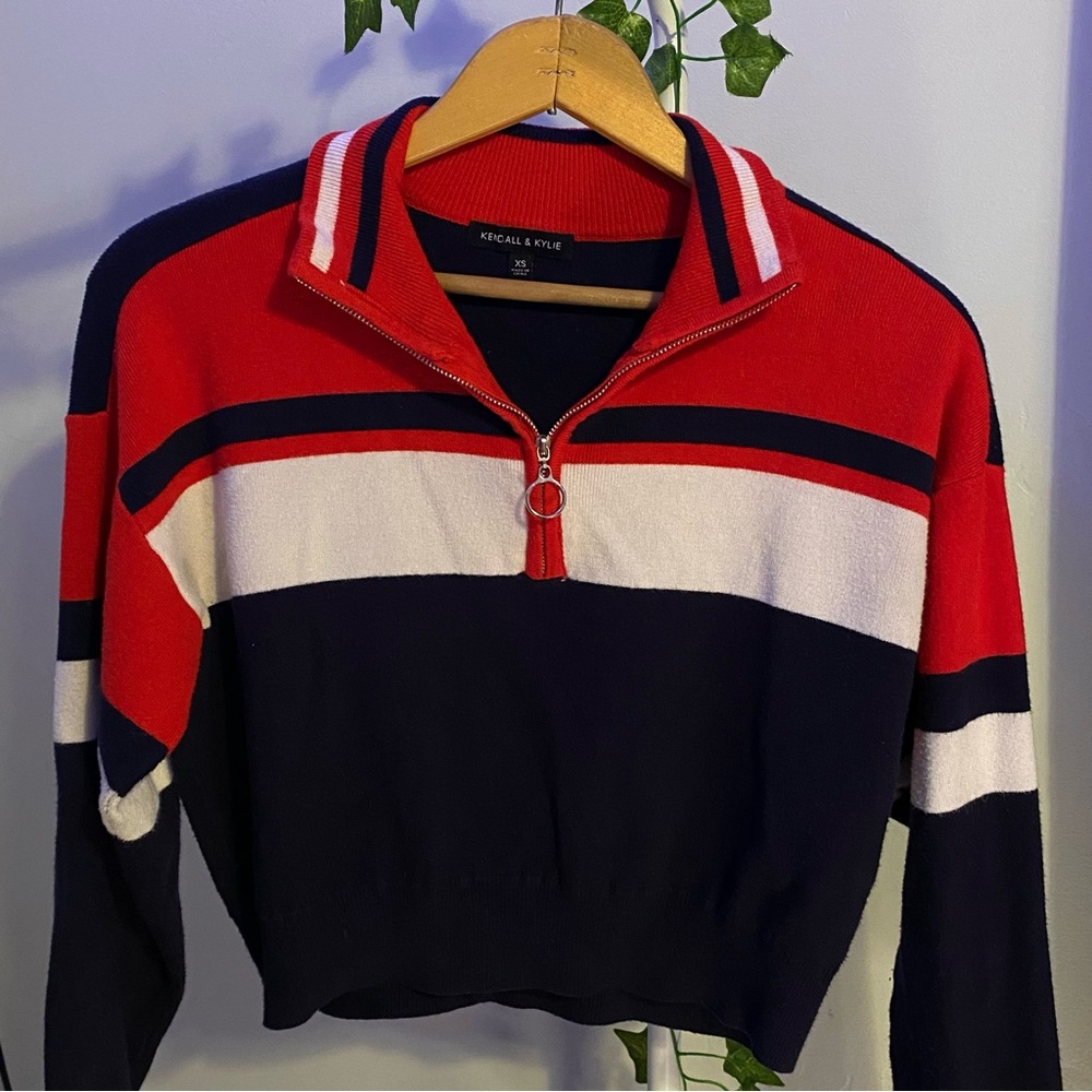 Kendall & Kylie 90s Quarter Zip Striped Sweater Navy Blue Red Women’s XS